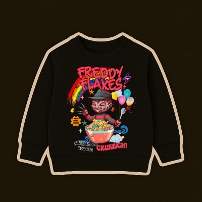 Sweatshirt preta com ilustração colorida de Freddy Krueger, balões e cereais