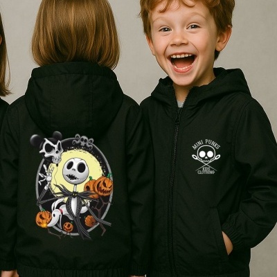 Casacos pretos para crianças com estampas de caveira e personagem esqueleto