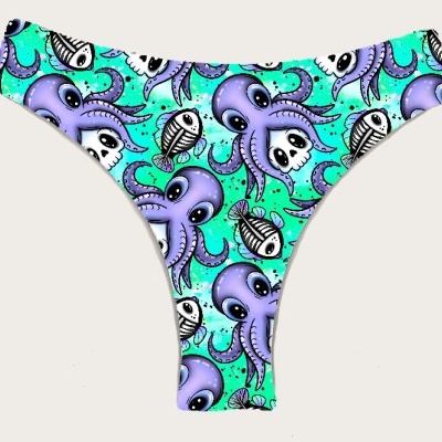 Cueca tanga com padrão de polvo e esqueletos de peixes em azul esverdeado