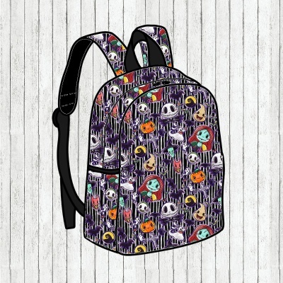 Mochila infantil colorida com padrão de Halloween e riscas verticais roxas e pretas