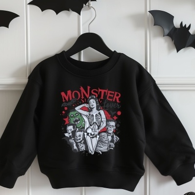 Sweatshirt preta infantil com estampa colorida de monstros e texto MONSTER