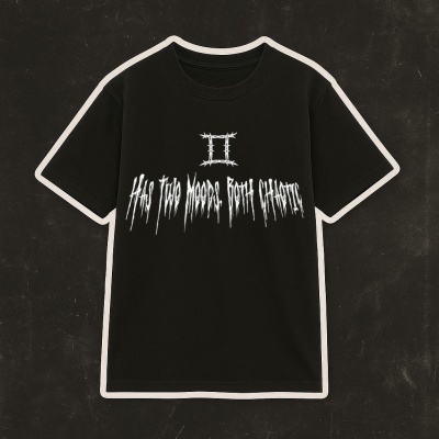 T-shirt preta com símbolo de Gêmeos e texto em branco