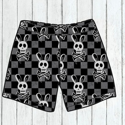 Calções de banho pretos com caveiras de coelho e ossos cruzados