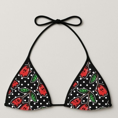Top de bikini triângulo preto com padrão de cerejas vermelhas e bolinhas brancas