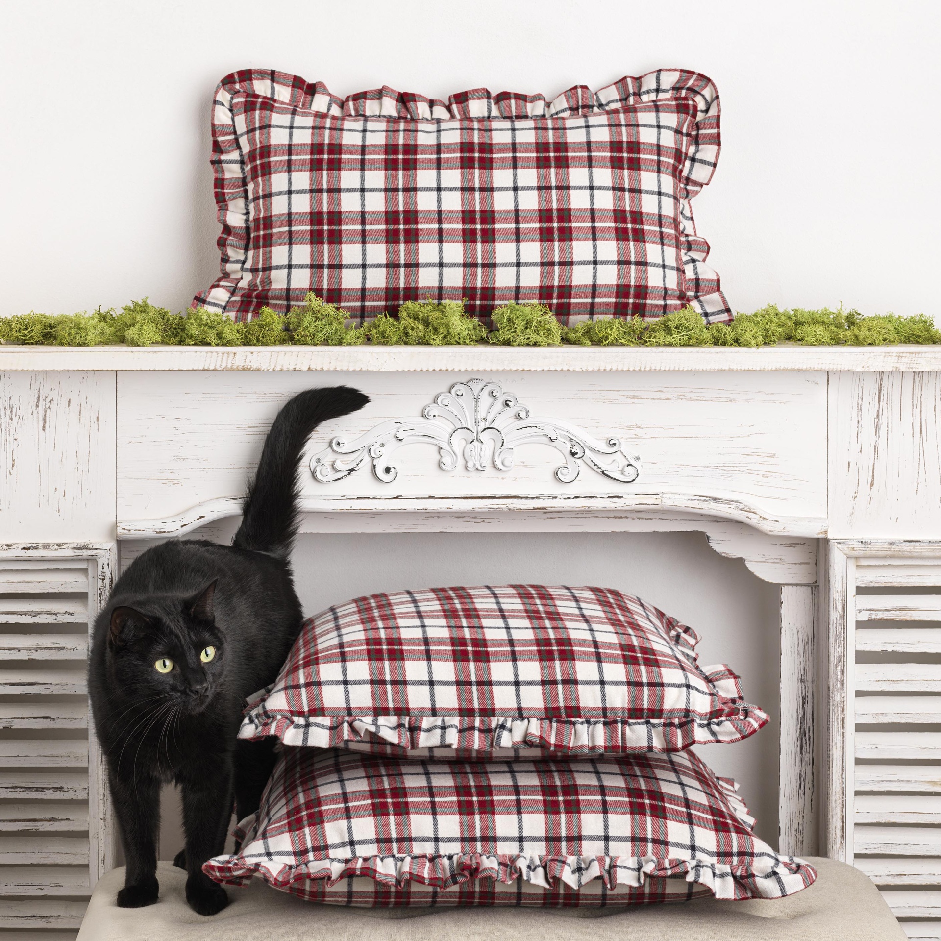 Almofadas xadrez vermelhas e brancas com bordas onduladas junto a mesa branca entalhada e gato preto