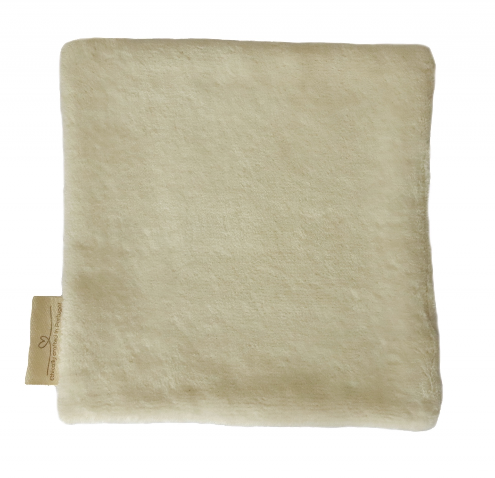 Almofada quadrada bege claro com etiqueta na borda