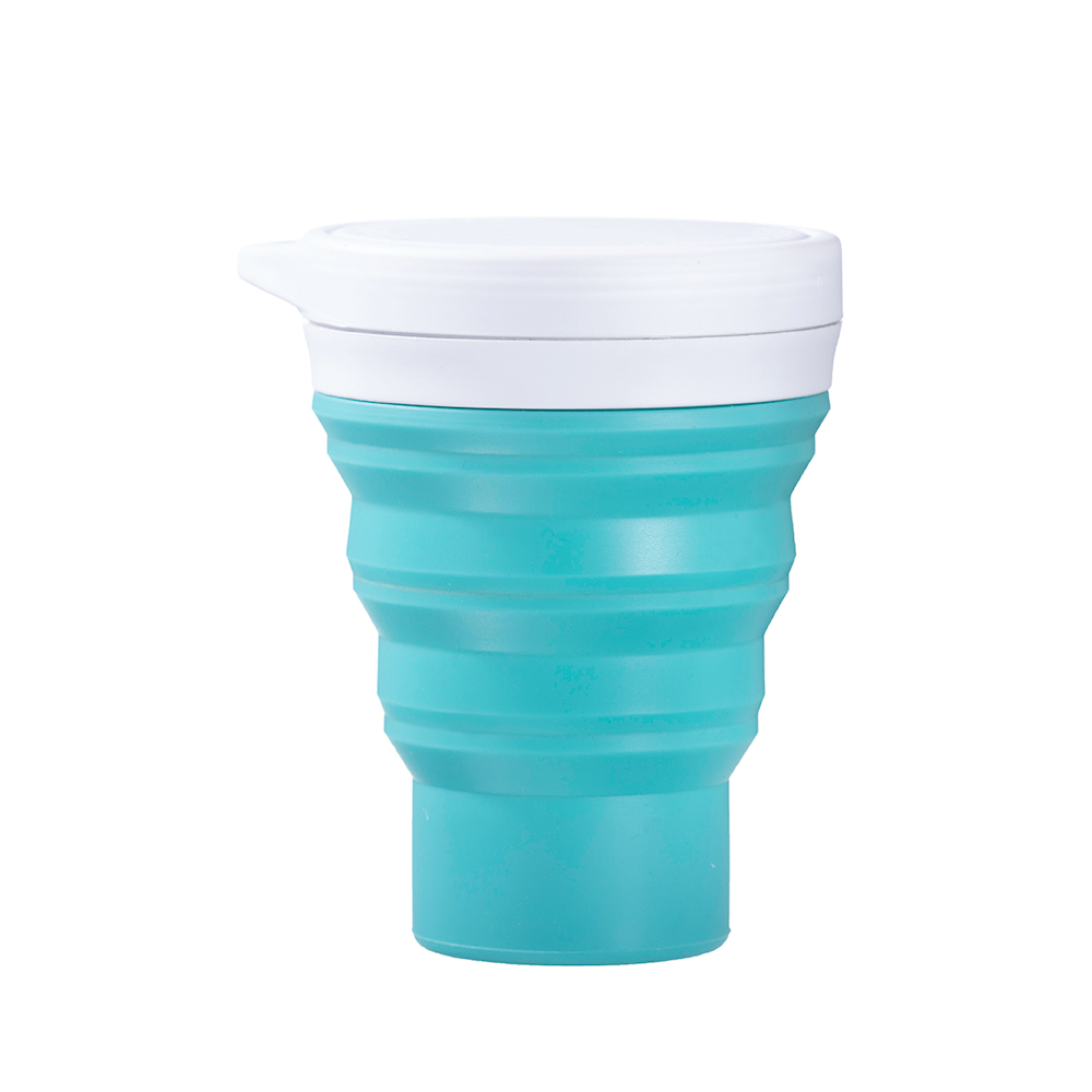 Copo dobrável de silicone azul turquesa com tampa branca