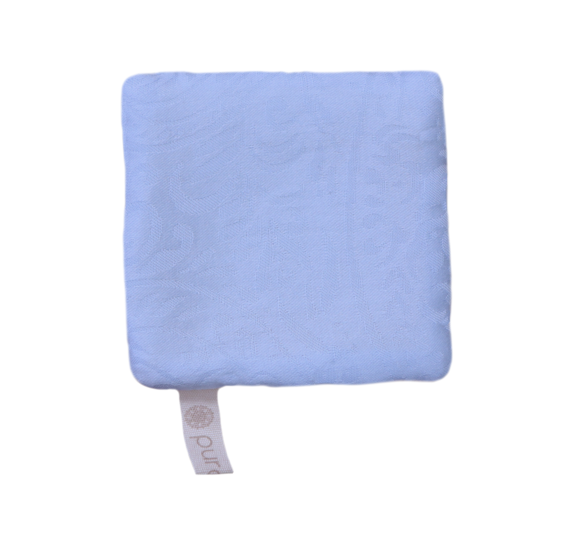 toalhete quadrado branco com padrão texturizado e etiqueta Puro