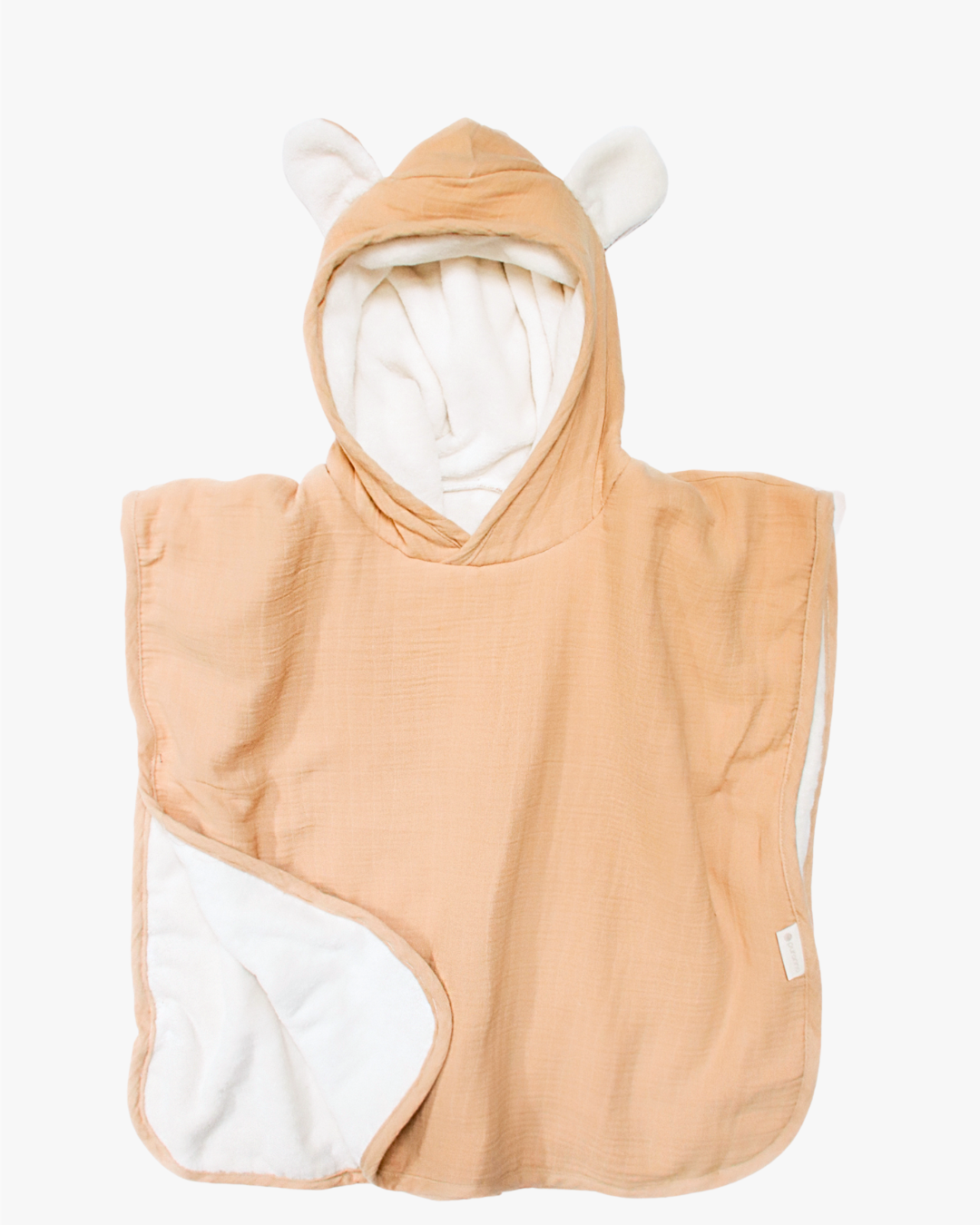 Poncho bege para bebé com capuz e orelhas, interior branco macio.
