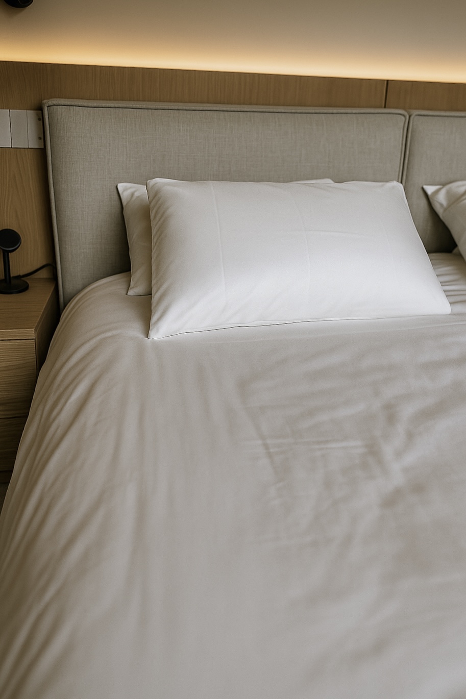 Almofadas brancas em cama com lençol branco e cabeceira estofada cinza