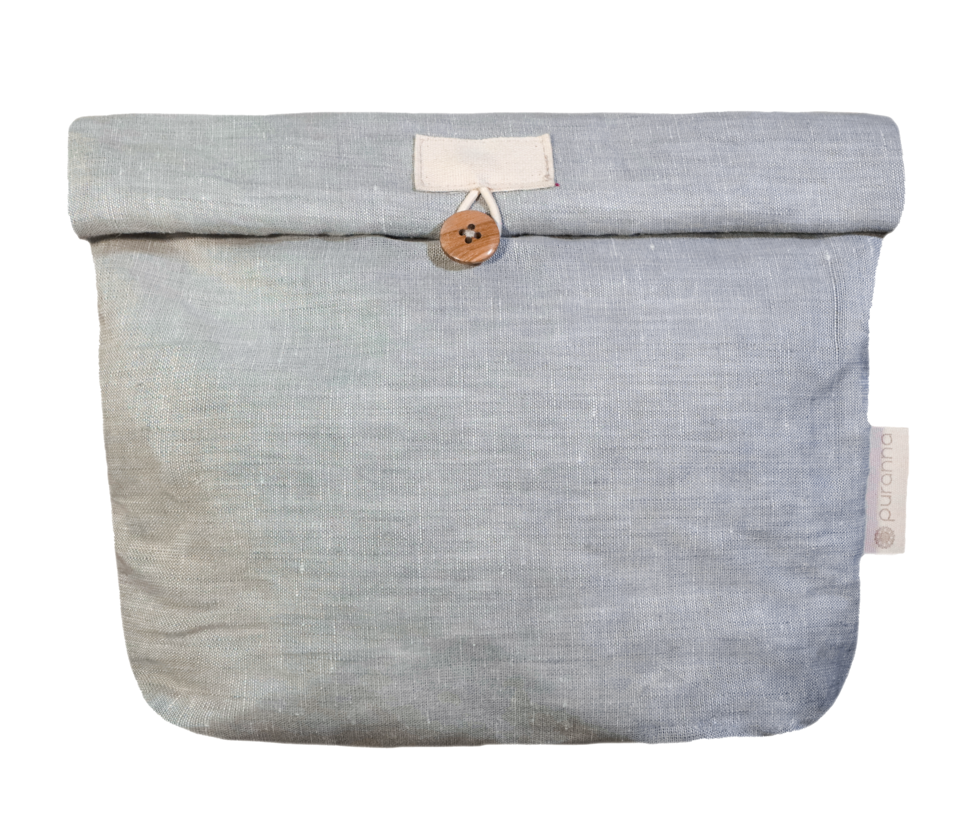 Bolsa de tecido cinzento claro com botão de madeira