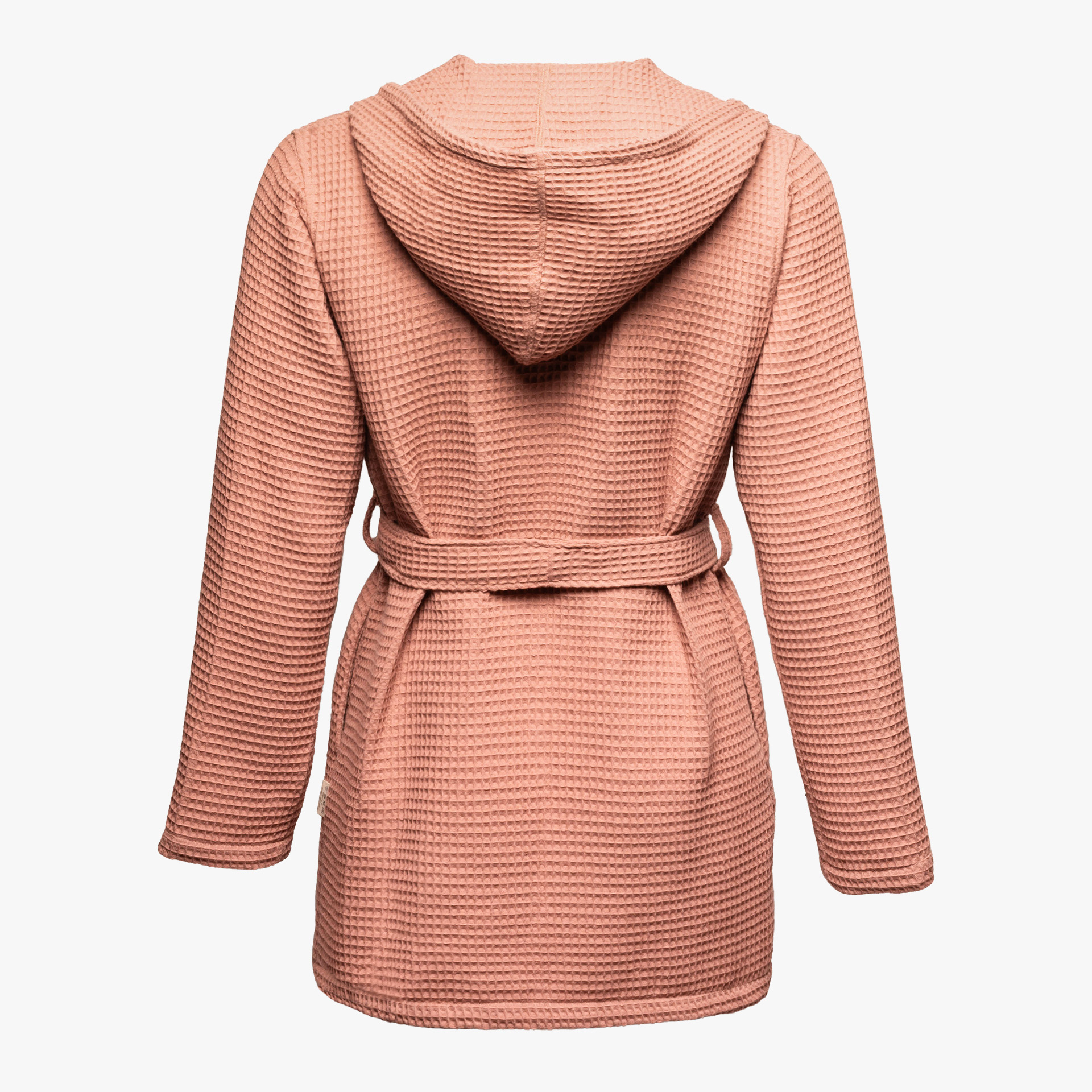 Casaco feminino rosa claro com capuz e cinto visto de trás