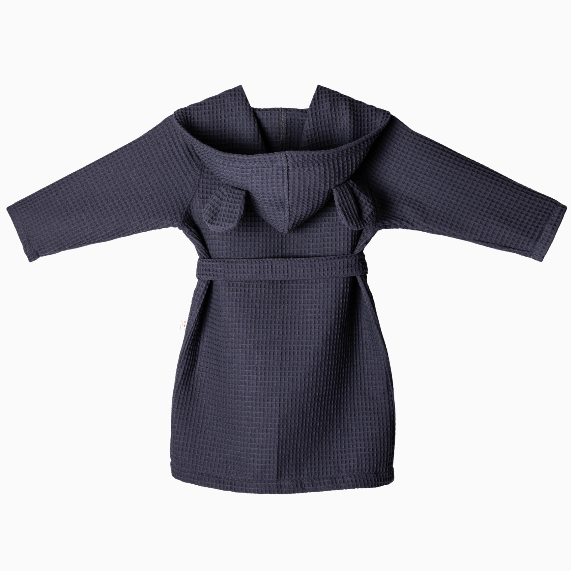 Roupão azul escuro para criança com capuz, cinto e orelhas no capuz
