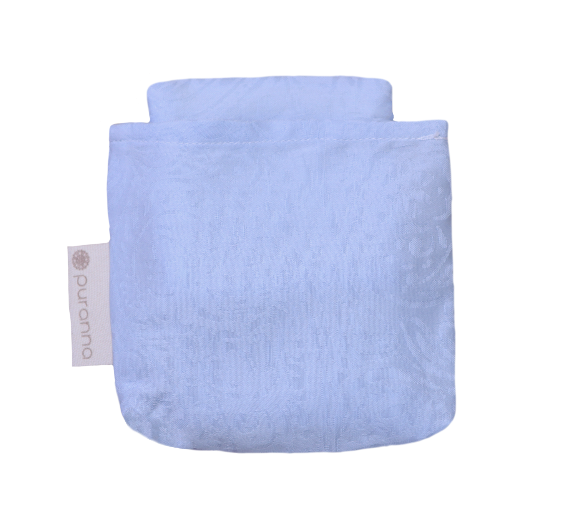 Pano ou lenço azul claro com padrão floral subtil e etiqueta puranna