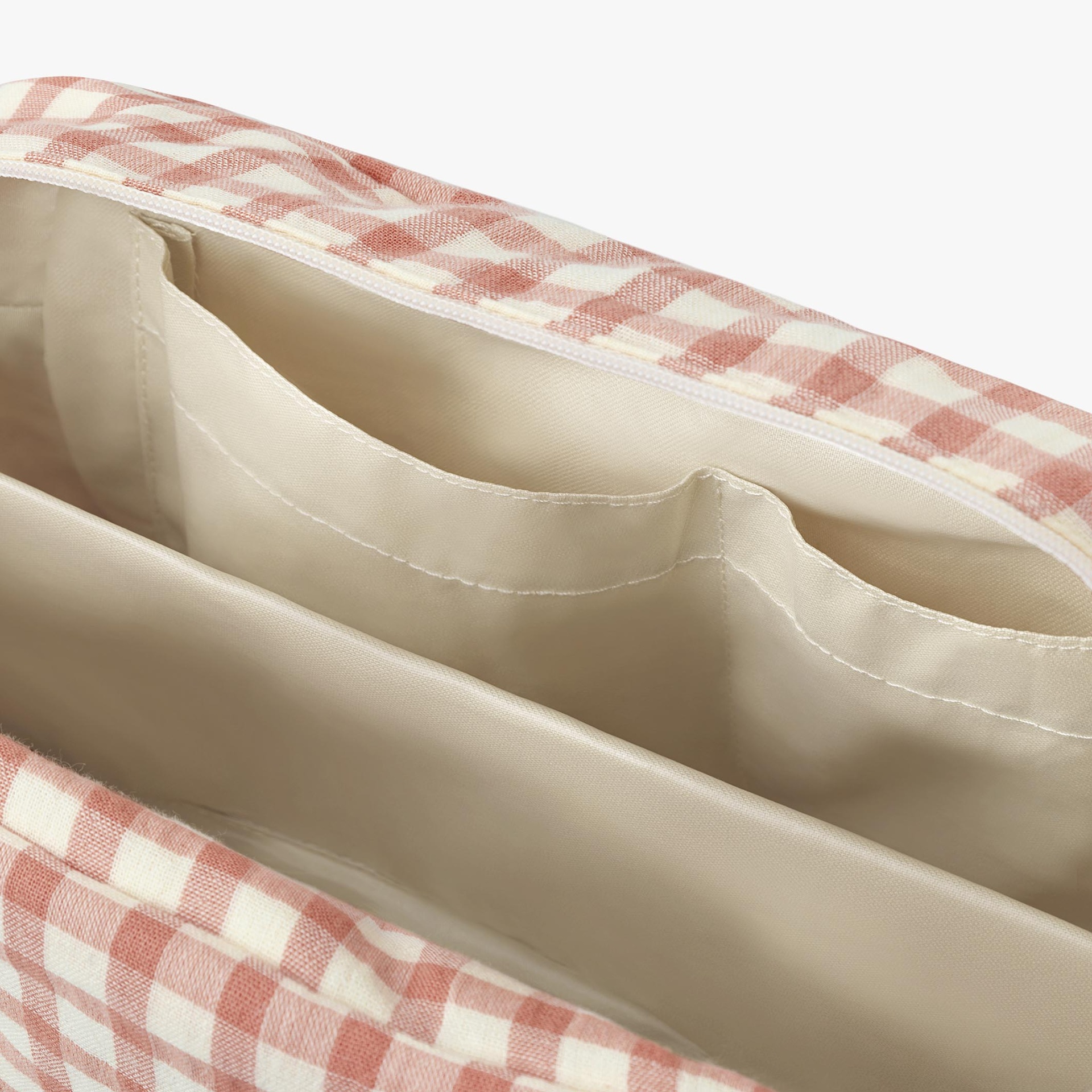 Bolsa rosa e creme com interior forrado e vários compartimentos