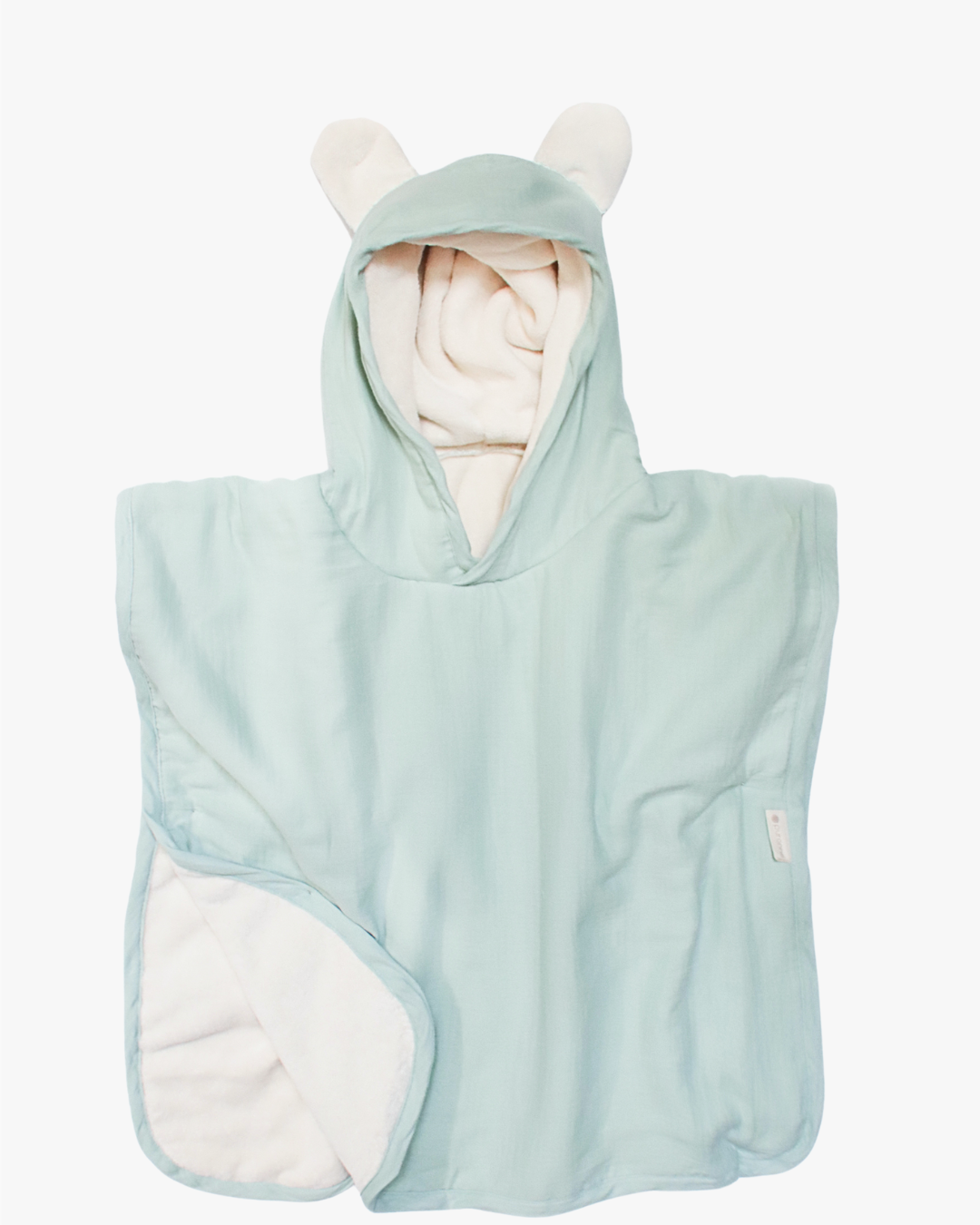 Capa de banho infantil azul claro com capuz e orelhas, interior branco.