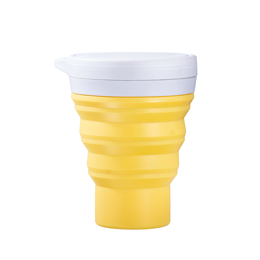 Copo dobrável amarelo com tampa branca