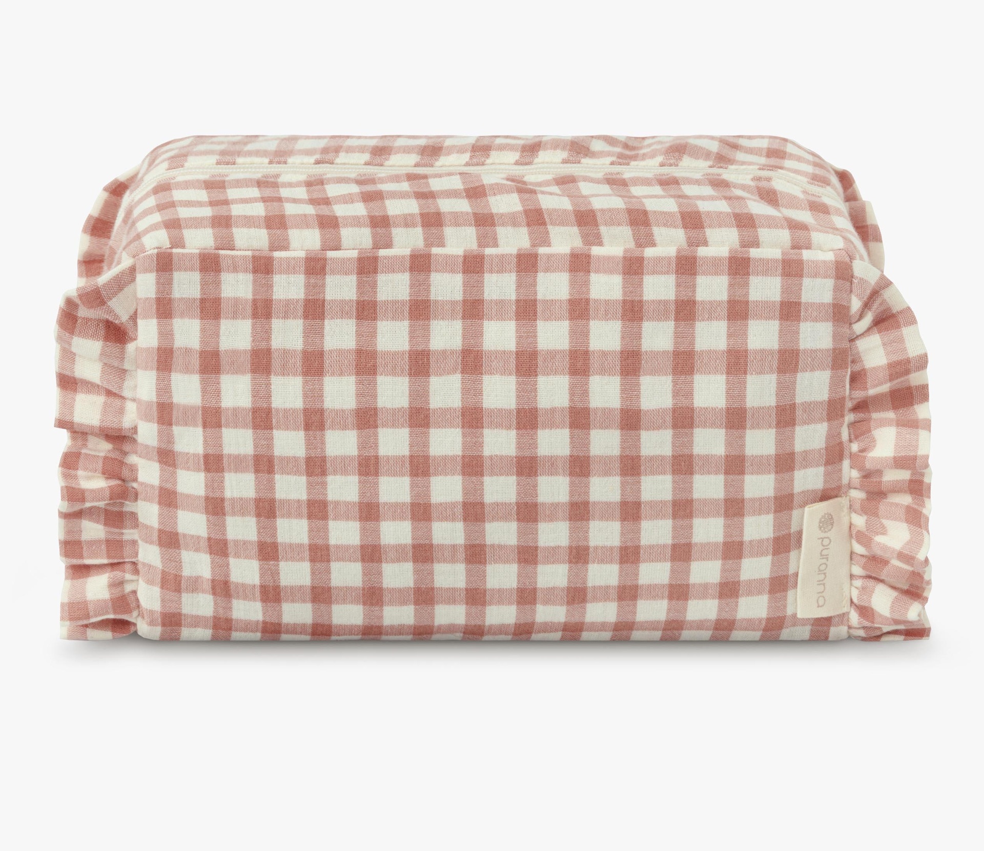 Travesseiro rosa e branco xadrez com babados nas bordas