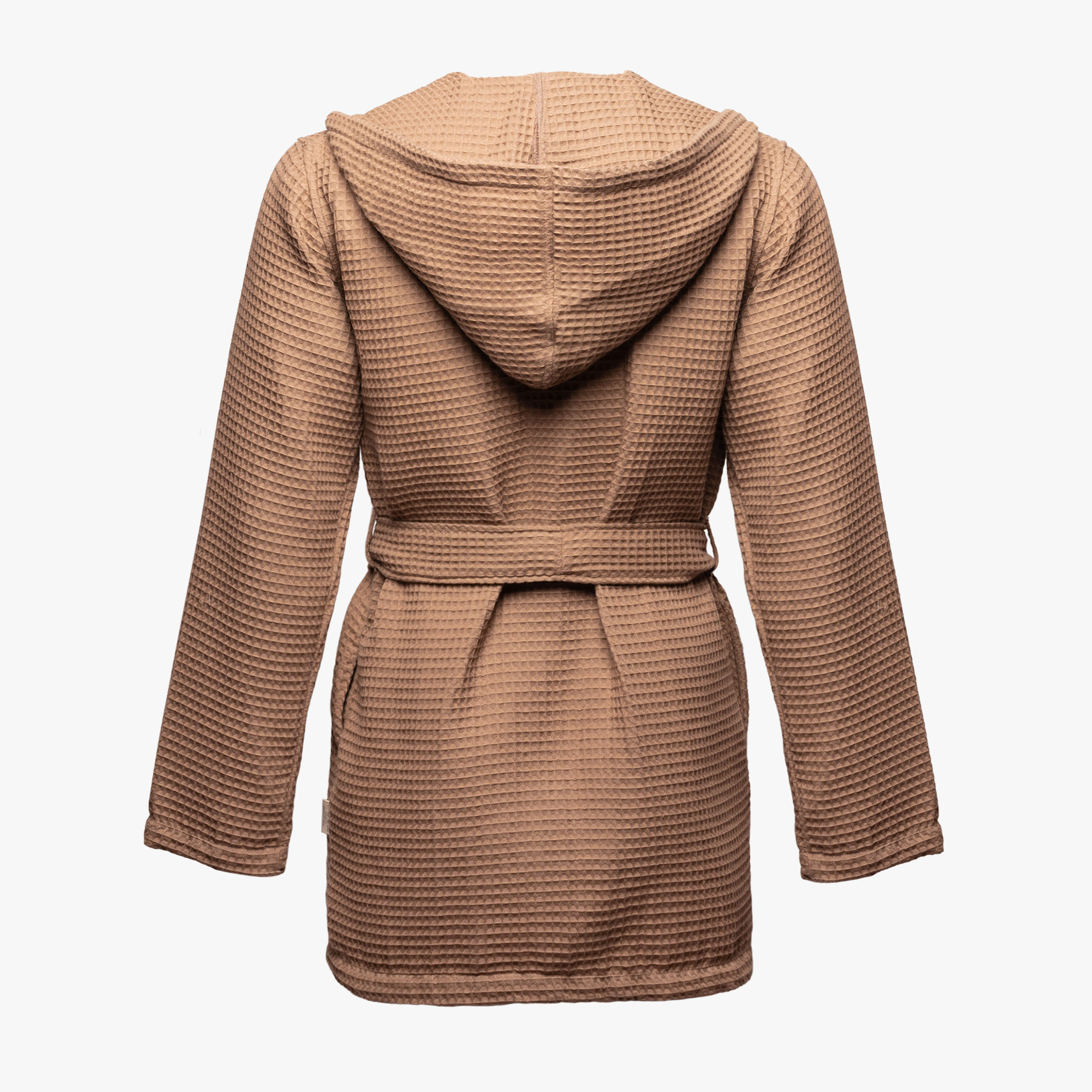 Casaco bege texturizado com capuz e cinto, vista traseira