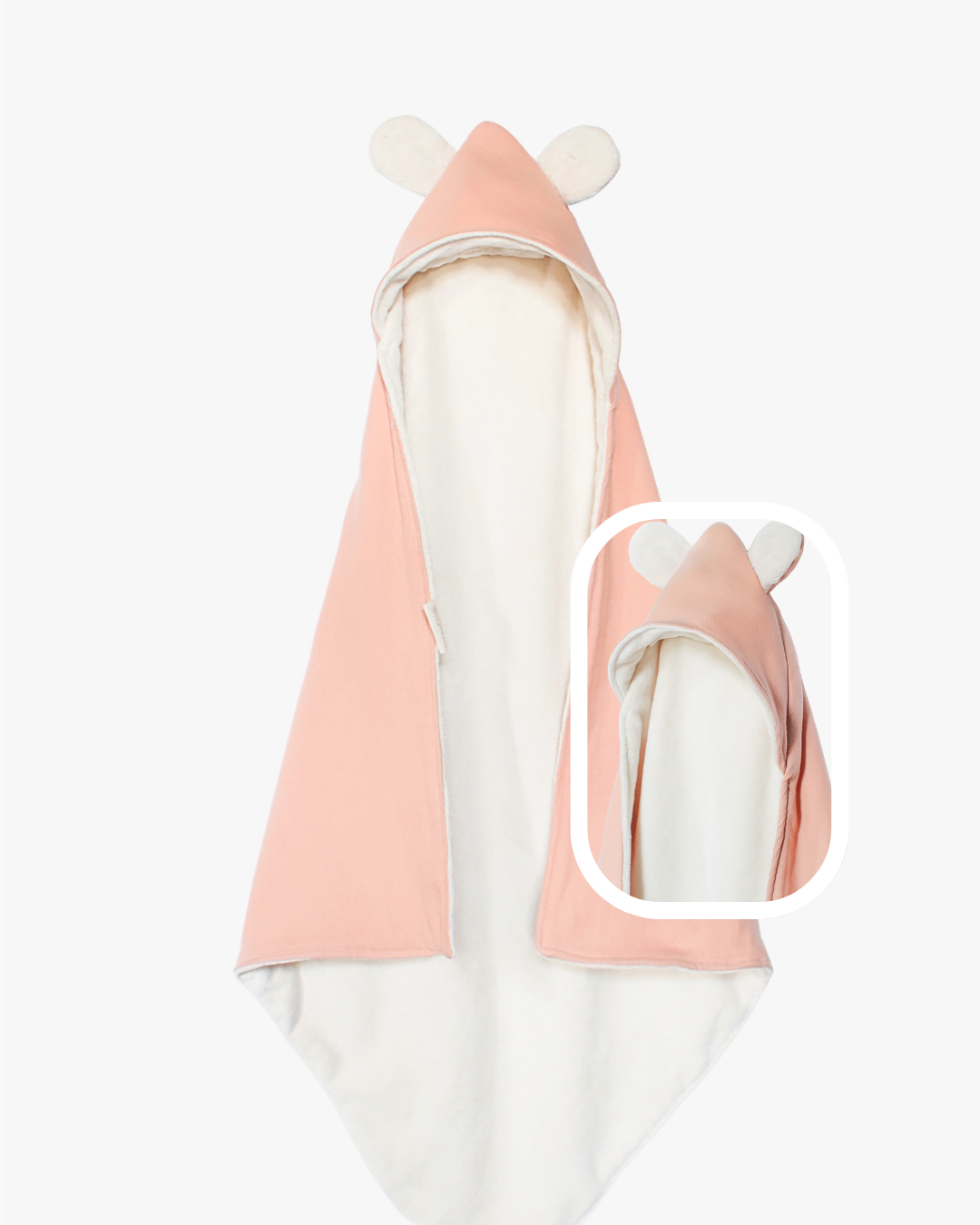 Capa de banho para bebê rosa salmão com capuz e orelhas brancas