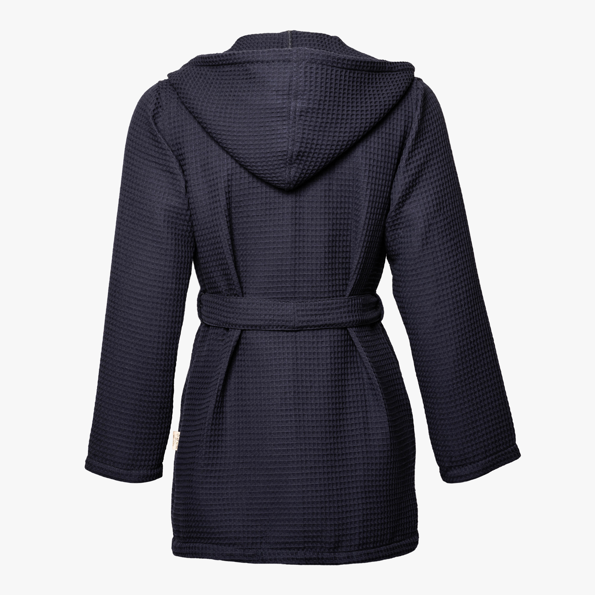 Casaco azul escuro com capuz e cinto, textura quadriculada