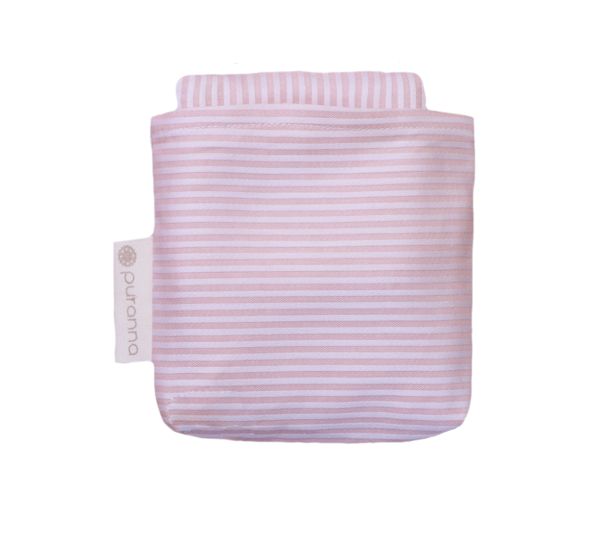 Bolsa de tecido rosa com riscas brancas e etiqueta 'puranna'