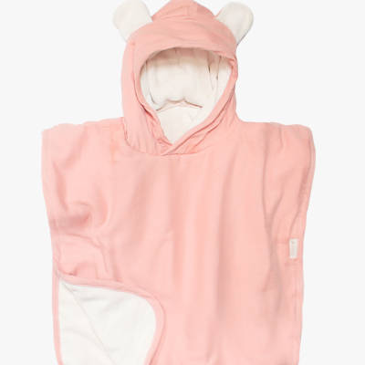 Poncho bebé cor-de-rosa com capuz e orelhas em tecido felpudo