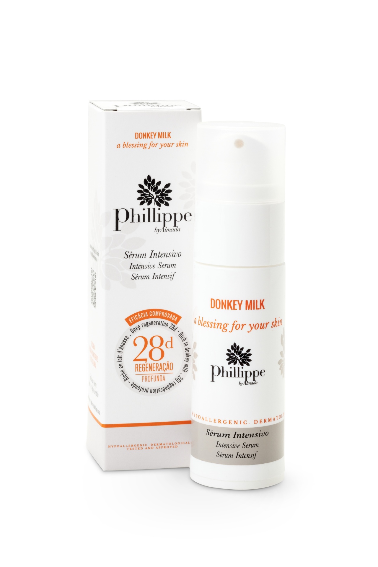 Sérum Intensivo com Leite de Burra Frasco e caixa de sérum intensivo Philips branco e laranja com texto