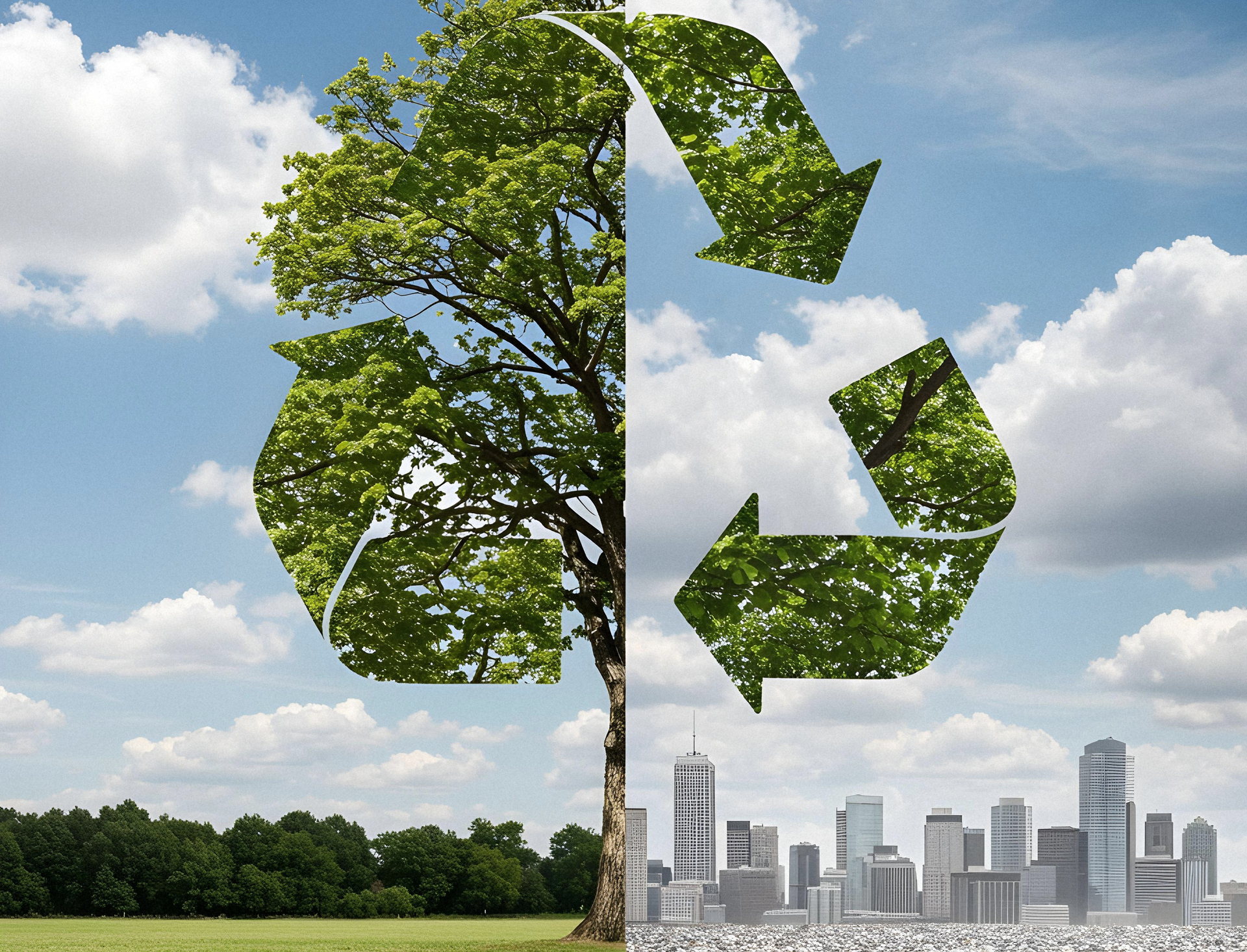 O que é o Greenwashing na Cosmética? Guia para não ser Enganada pelos Rótulos "Verdes" símbolo de reciclagem translúcido com árvore, céu e cidade ao fundo