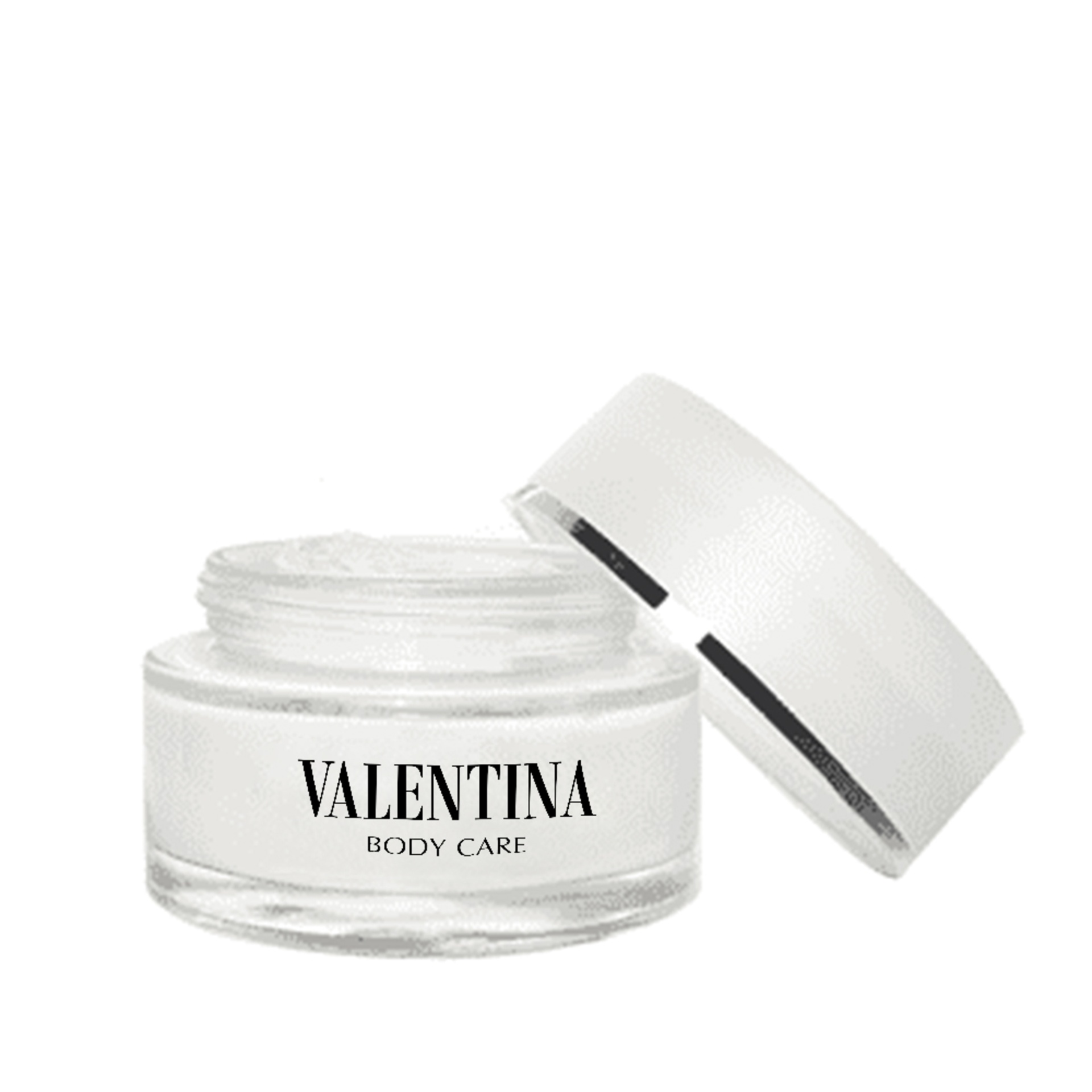 Creme de Rosto Hidratante Frasco de creme branco com tampa inclinada e texto VALENTINA BODY CARE
