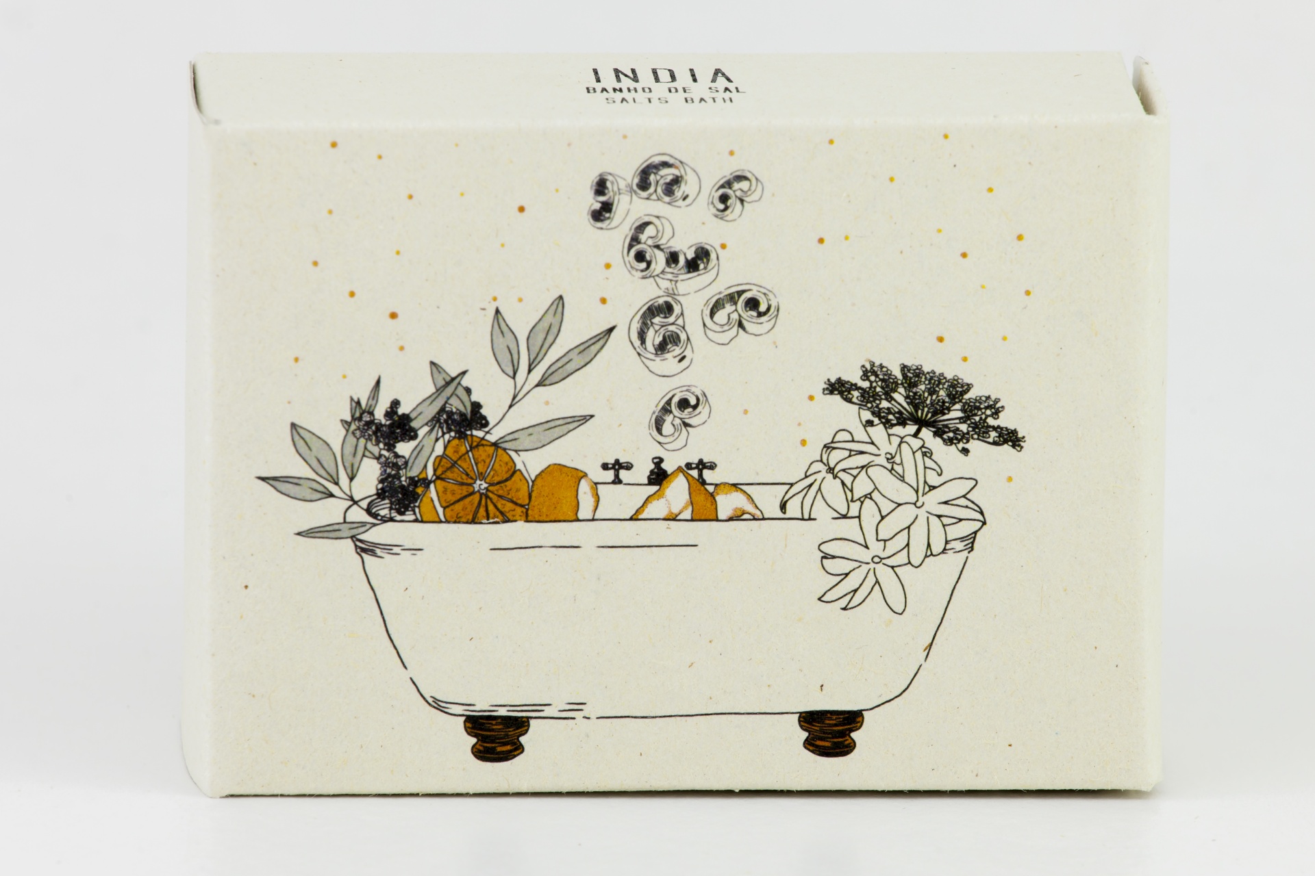 Banhos de Sal Índia Embalagem creme de banho de sal INDIA com desenho de banheira e plantas.