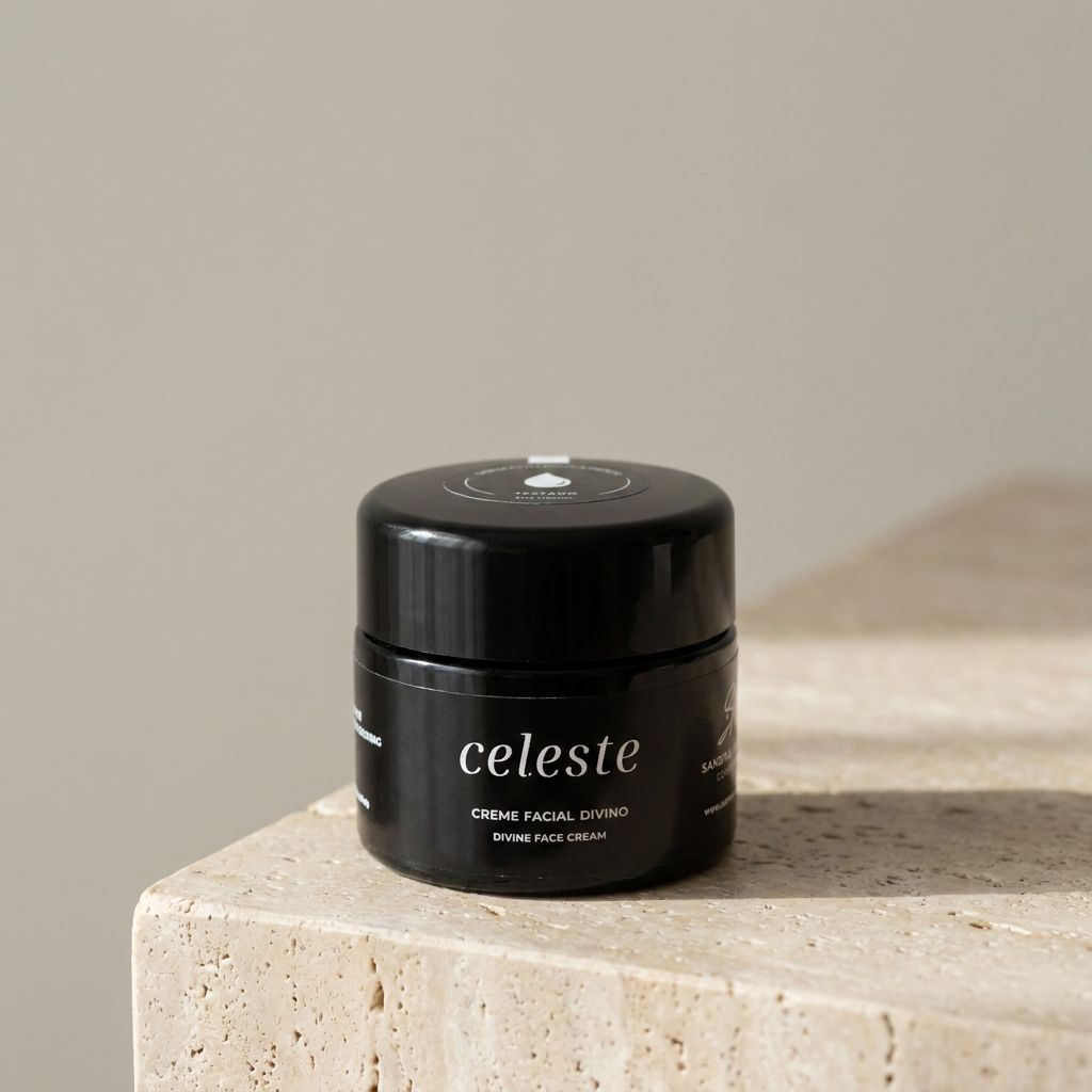 Creme Facial Divino Celeste Frasco preto de creme facial celeste sobre superfície de pedra clara