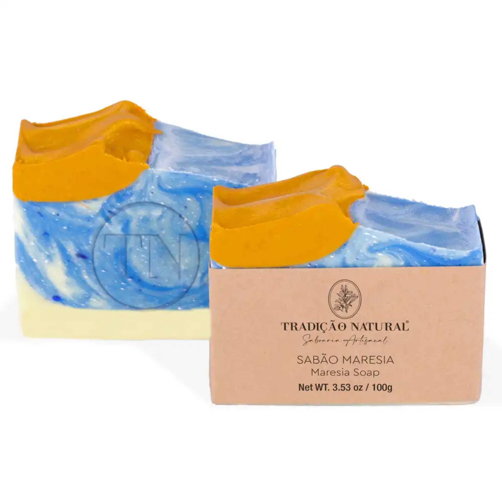 Sabão Eco Natur Maresia Sabonete azul com branco e amarelo embalado em papel castanho com texto