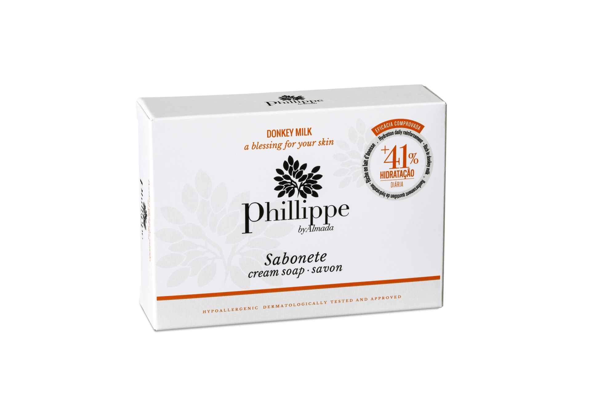 Sabonete Hidratante com Leite de Burra Embalagem branca de sabonete Phillippe by Almada com texto destacado sobre hidratação
