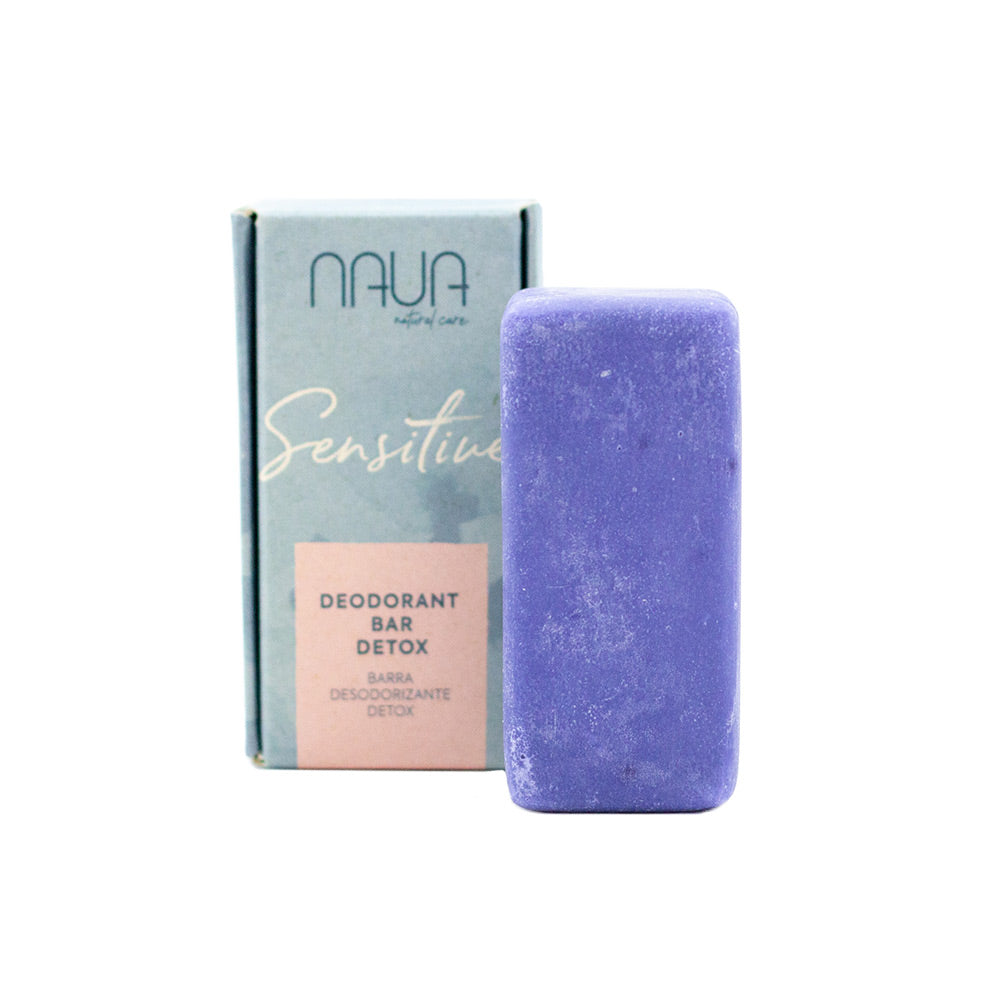 Desodorizante Sólido Sensitive Detox Barra de desodorizante roxa com caixa cinzenta e rosa
