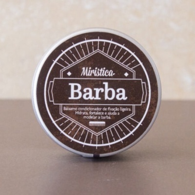 Recipiente metálico para bálsamo de barba com rótulo castanho e branco