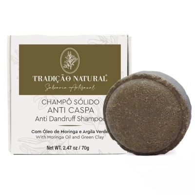 Champô sólido anti-caspa Tradicão Natural com embalagem branca e etiqueta castanha