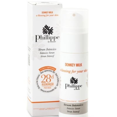 Frasco e caixa de sérum intensivo Philips branco e laranja com texto