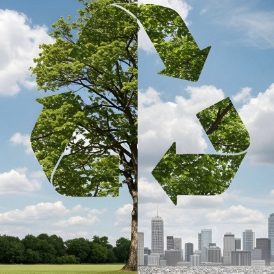 símbolo de reciclagem translúcido com árvore, céu e cidade ao fundo