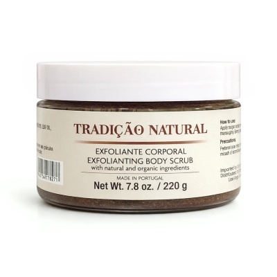 Frasco de esfoliante corporal Tradicão Natural com tampa branca e etiqueta creme