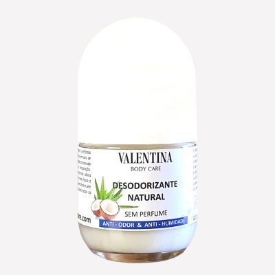 Desodorizante natural Valentina Body Care com embalagem branca e tampa arredondada