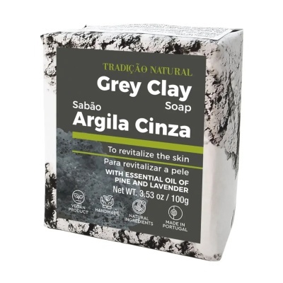 Sabonete Grey Clay Argila Cinza com embalagem preta e cinza e texto informativo