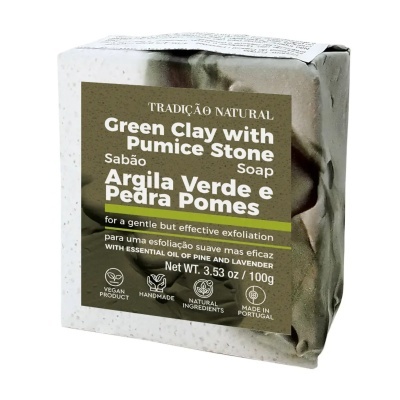 Sabão Argila Verde e Pedra Pomes embalado com informações de produto vegan, handmade, ingredientes naturais e produzido em Portugal.