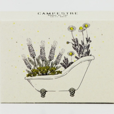 Embalagem de banho de sal CMPRESTRE com ilustração de banheira e flores