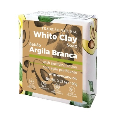 Sabão White Clay Argila Branca embalagem com ilustração de abacate