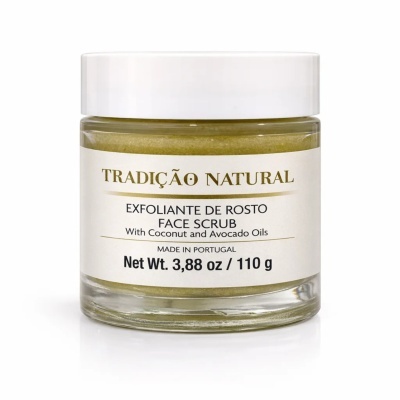 Frasco de esfoliante facial TRADIÇÃO NATURAL com tampa branca e rótulo branco