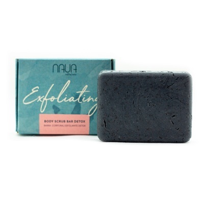 Sabonete esfoliante corporal preto e caixa azul da marca NAUA.