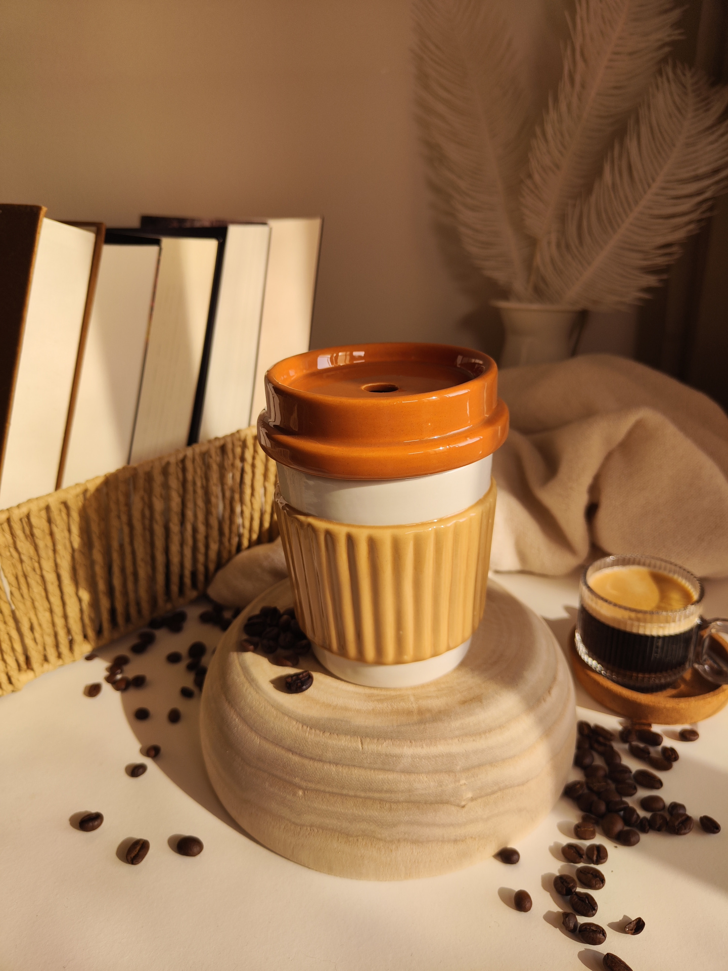 Queimador Copo de café Frasco cerâmico decorativo com suporte de madeira e chávena de café