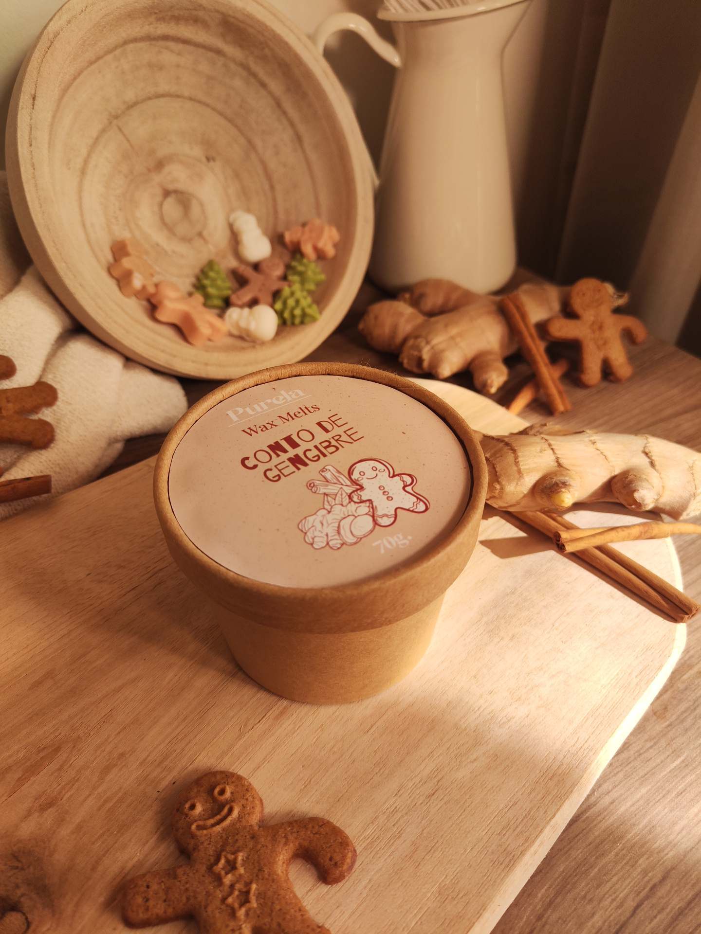 Wax Melt Conto de Gengibre Caixa rústica de wax melts de gengibre com decoração natalícia e especiarias