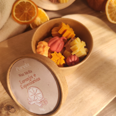 Cera aromática em forma de folhas e abóboras coloridas em caixa de papel kraft com rótulo e fatias de laranja seca